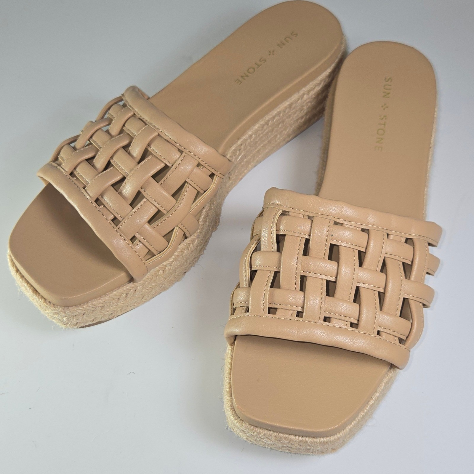 Sun + Stone Espadrille Wedge Slides Tan Woven Straps Platform Sandals Size 8